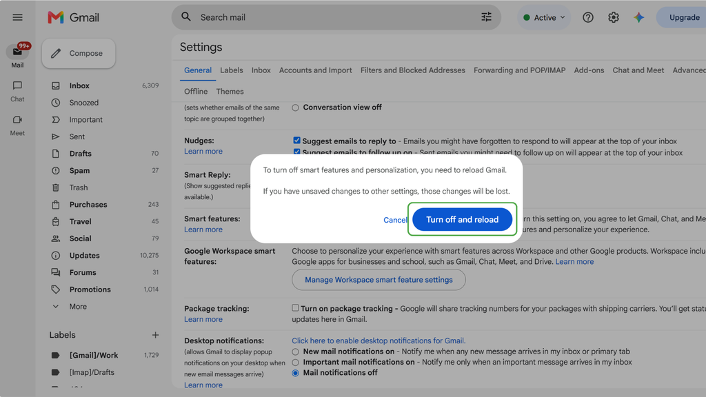 Confirm you want to turn off smart features.
