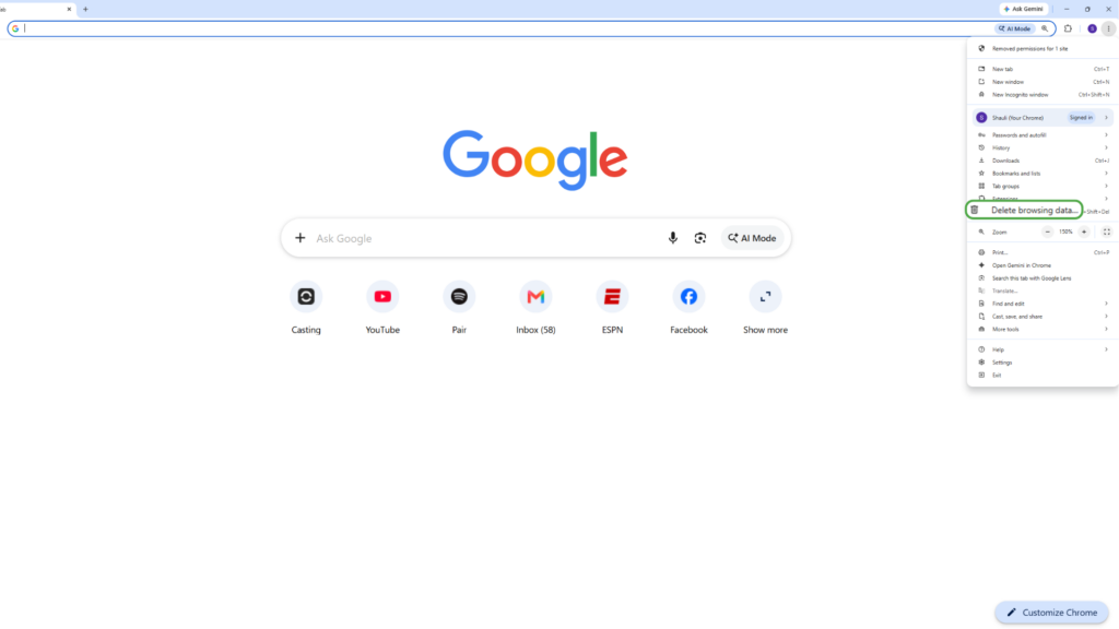 Delete browsing data is highlighted in Chrome menu.