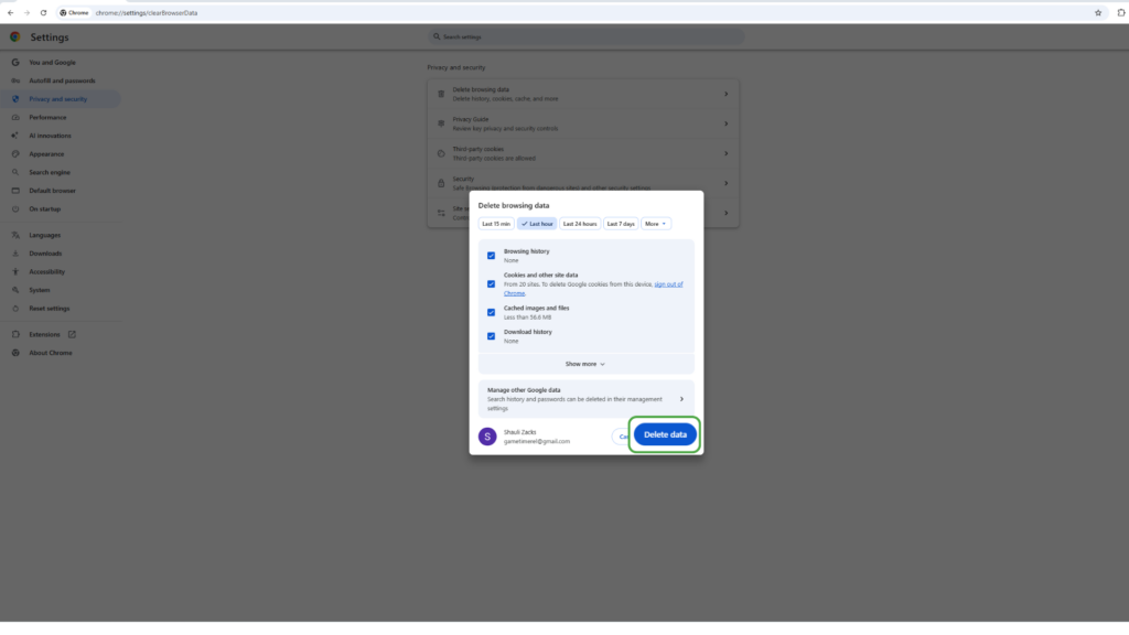 Delete data button in Chrome is highlighted.
