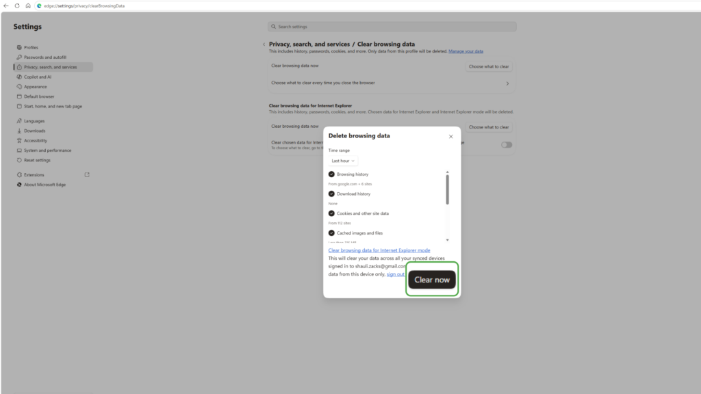 The Clear now button in the data privacy section is highlighted.