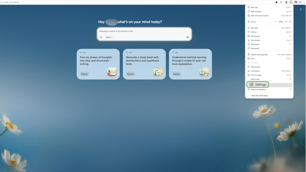 Edge menu is open and Settings option is highlighted.