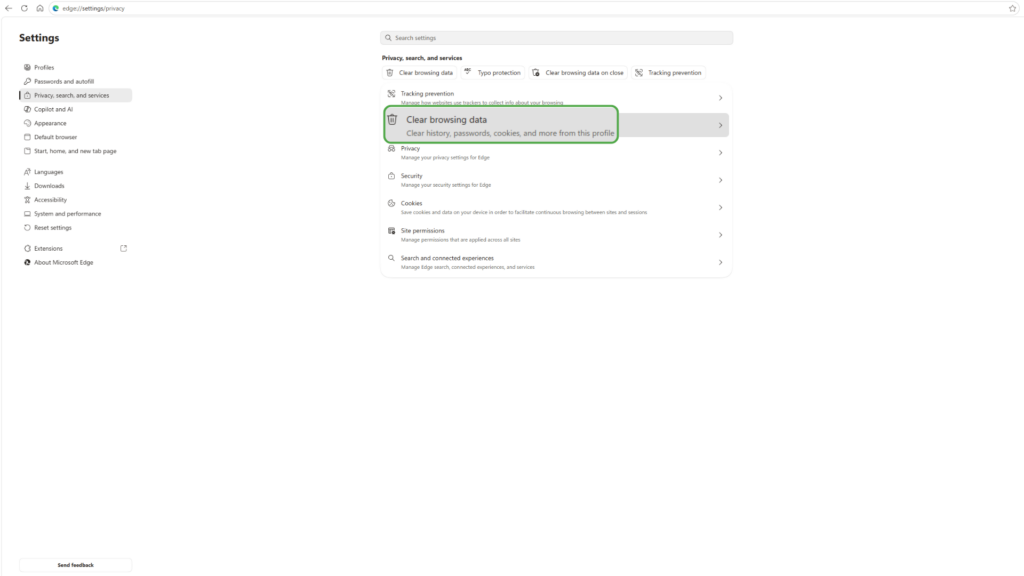 Clear browsing data option is highlighted.