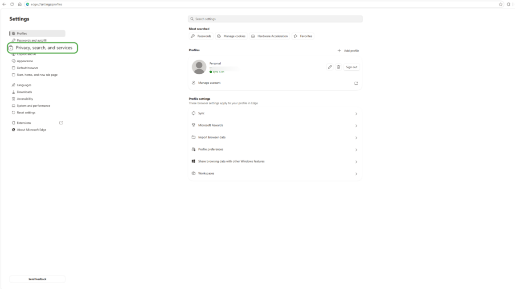Privacy, search, and services are selected in the Edge settings menu.