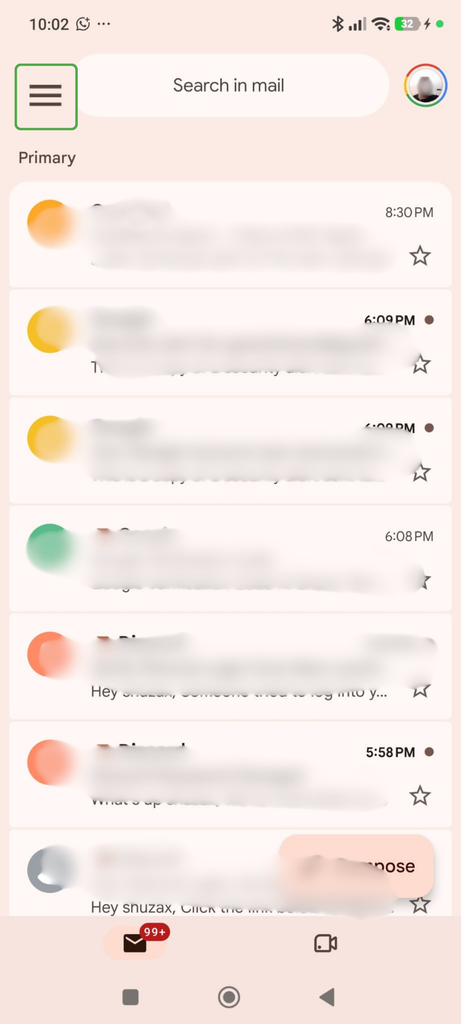Gmail Android app with the menu button highlighted.