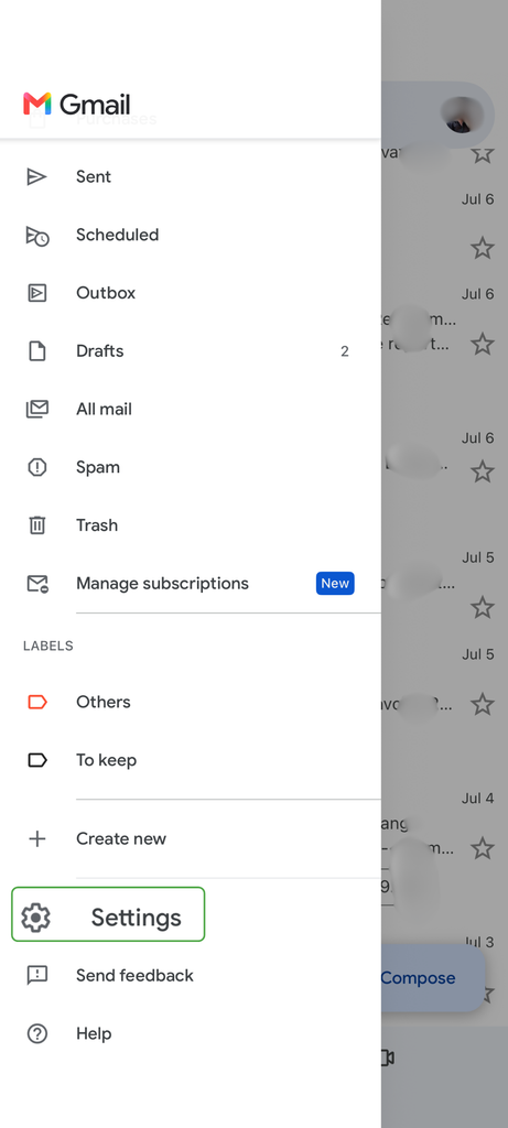 The Gmail iOS menu is open, and Settings is highlighted.