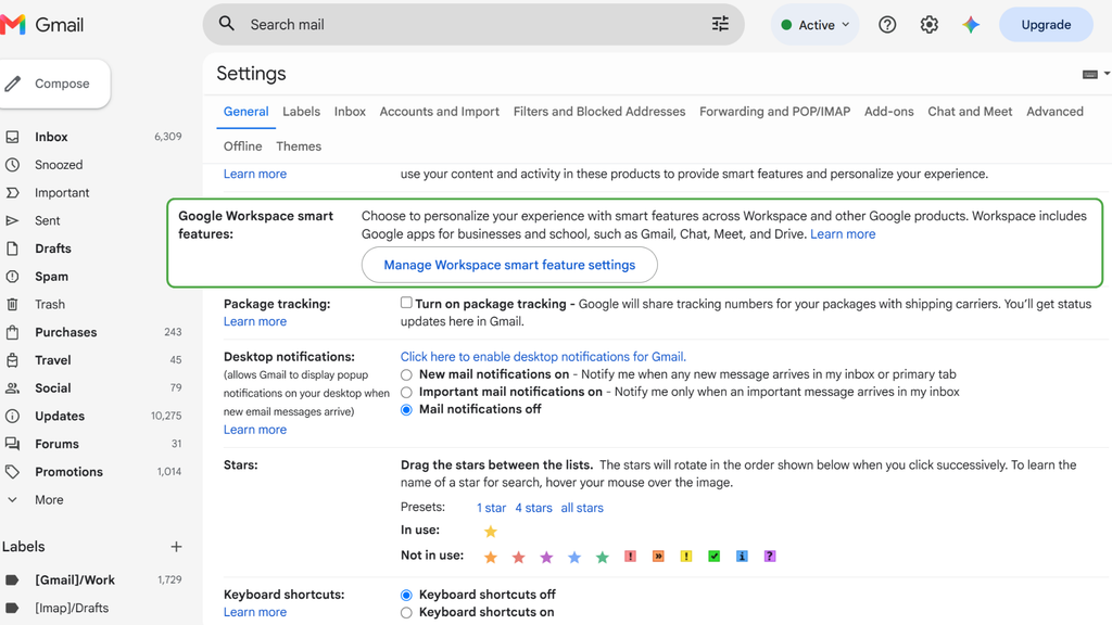 The Gmail general settings, with Google Workspace smart features highlighted