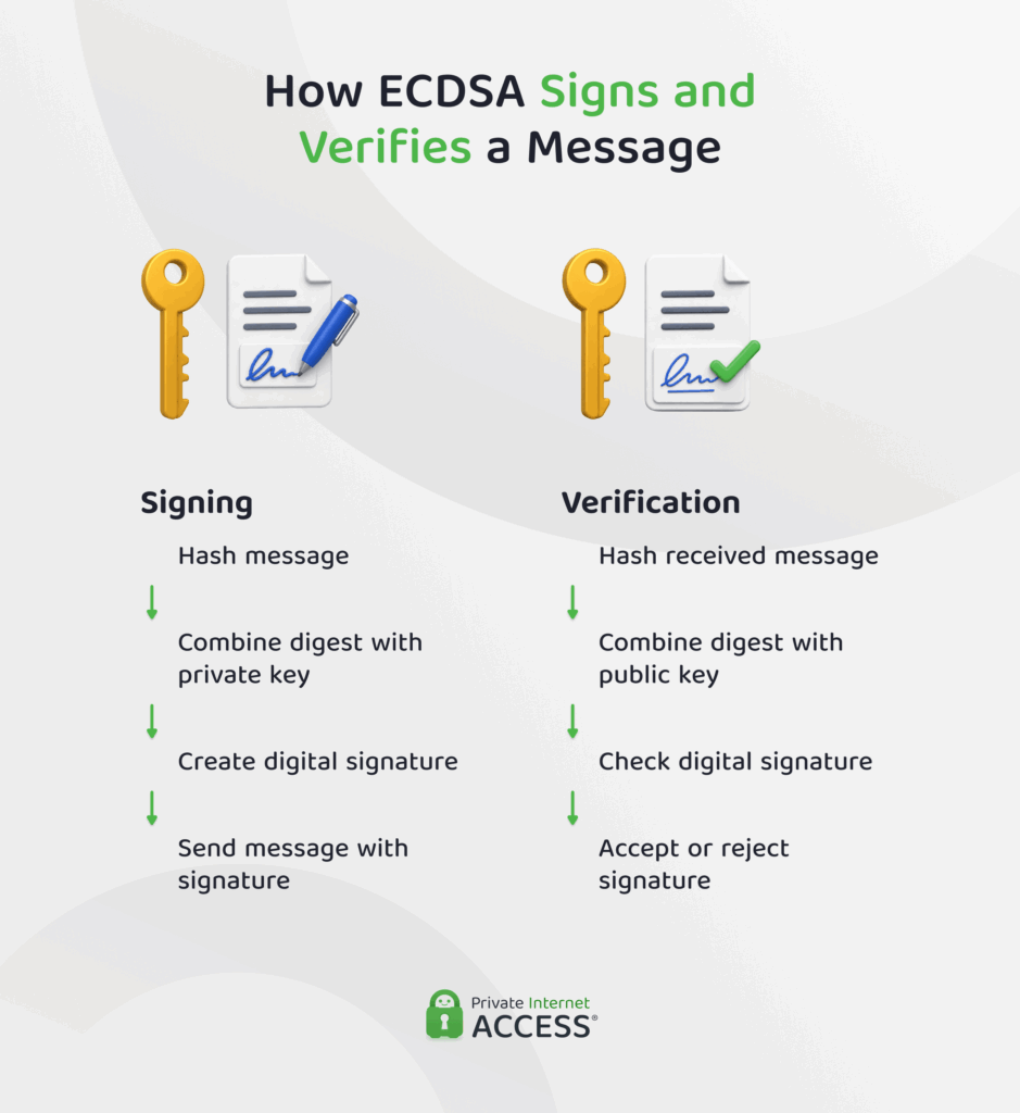 ECDSA signing and verification flow showing a message being hashed and signed with a private key, then checked with the corresponding public key.