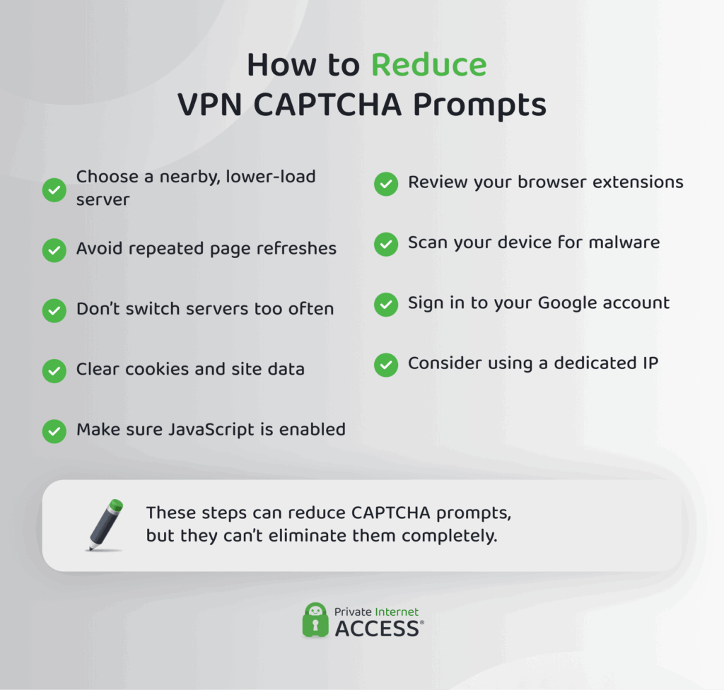 Checklist showing nine ways to reduce CAPTCHA prompts while using a VPN.
