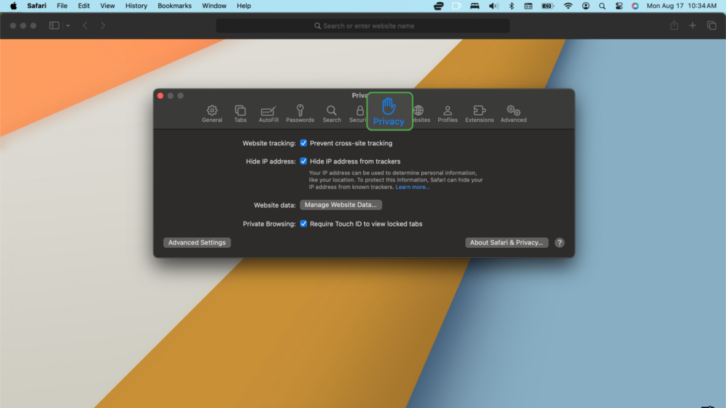 The privacy tab is highlighted in the Safari settings.