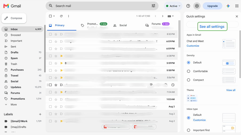 Gmail settings are open and the See all settings option is highlighted.