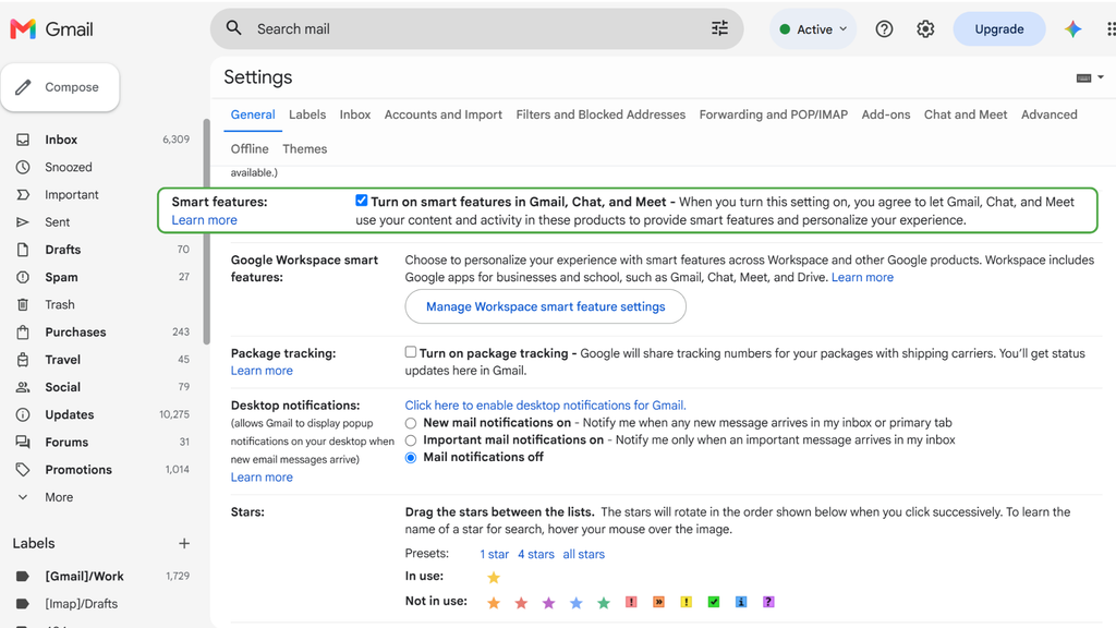 The General Gmail settings, with Smart Features highlighted.