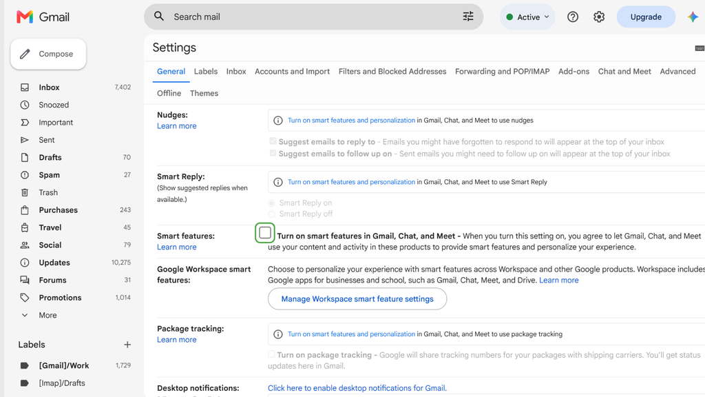 The Smart features in gmail is disabled.