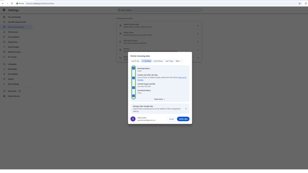 The options to delete browsing data in Chrome.
