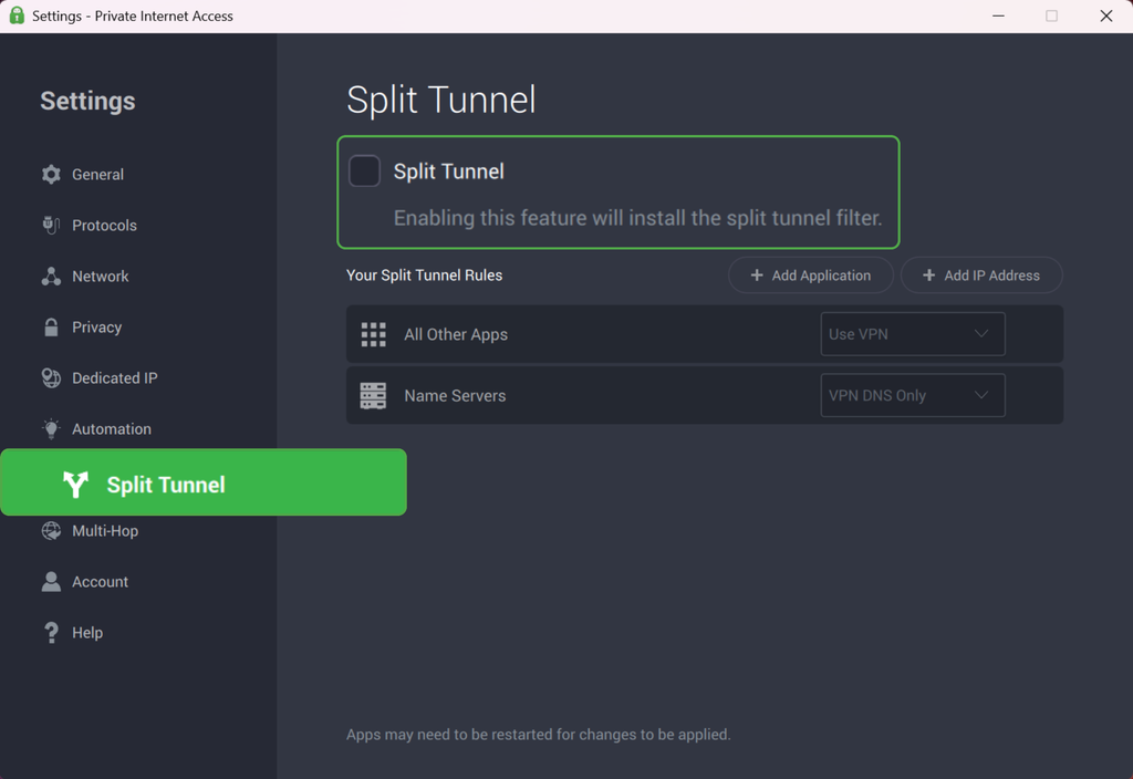 Enabling split tunneling feature on PIA VPN's Windows app.