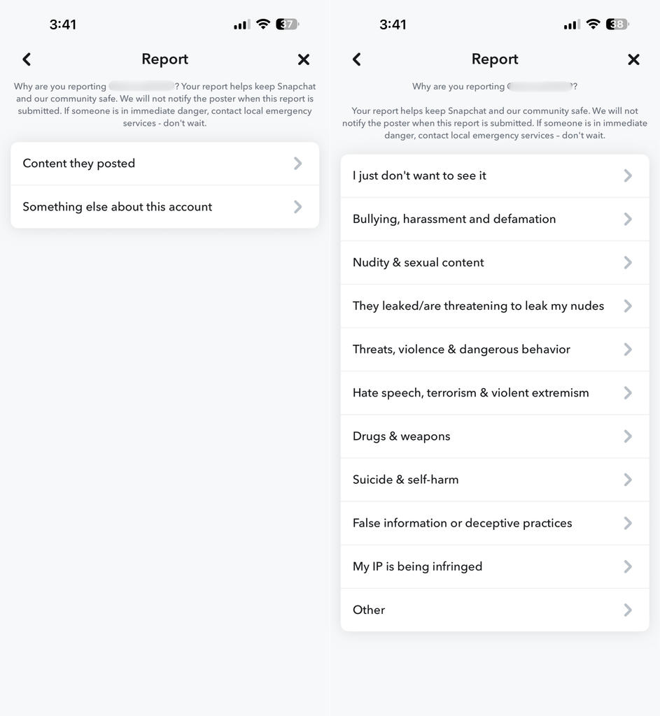 Reasons to choose from when reporting an account on Snapchat.