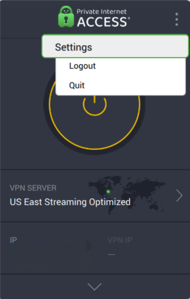 PIA VPN Windows app menu open with Settings highlighted.
