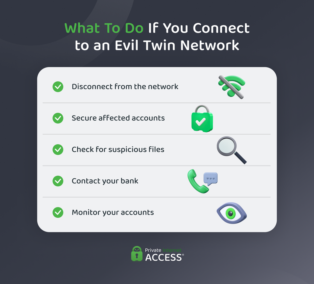 Four steps to take after connecting to an evil twin Wi-Fi network: disconnect, secure accounts, check your device, and monitor accounts.